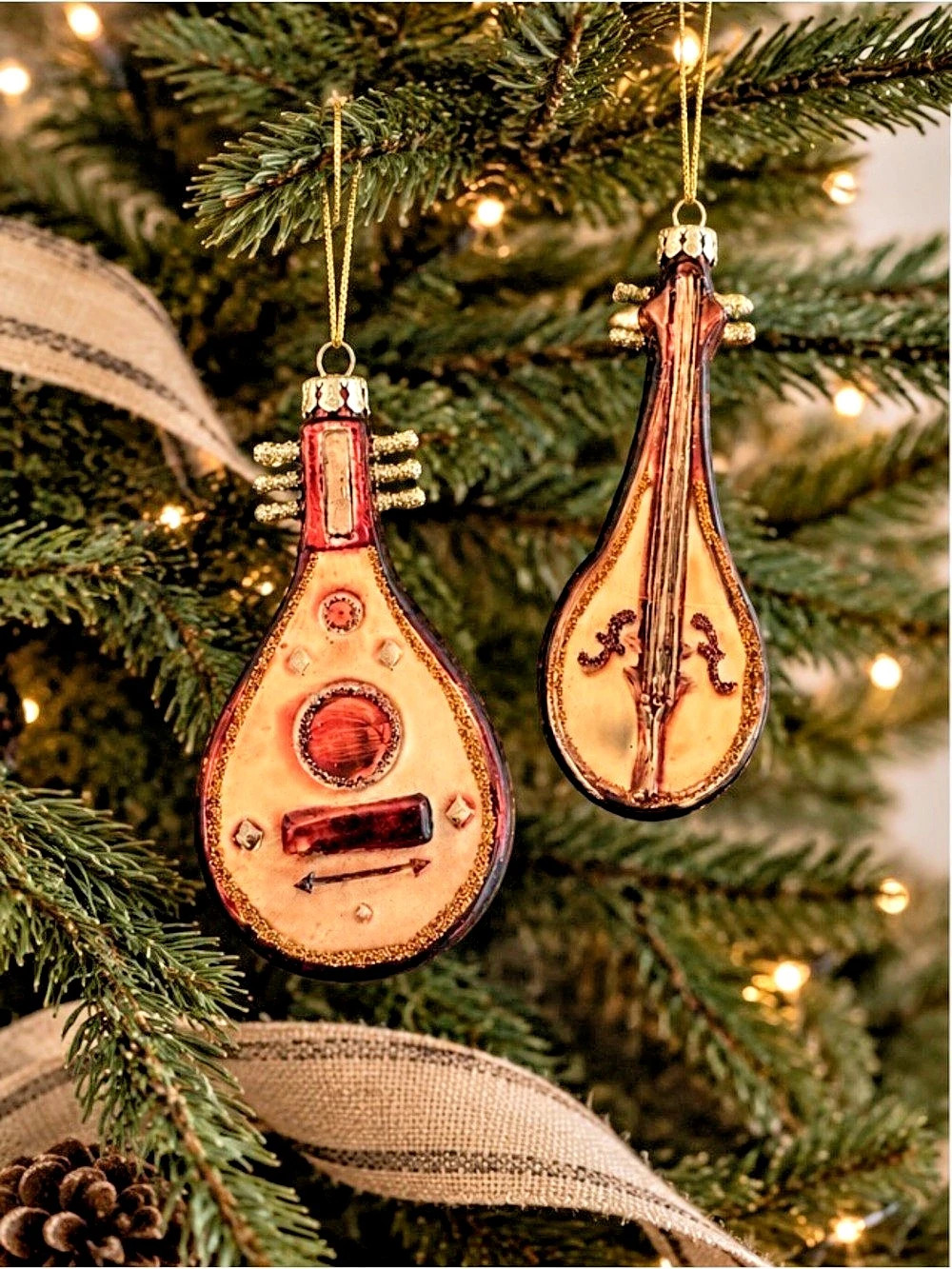 Musical Instrument Ornament Set of 2 Brown & Gold Mandolins Lutes 3.5” & 4”